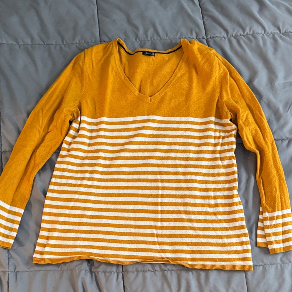Hannah Mustard and White Striped V-Neck Sweater